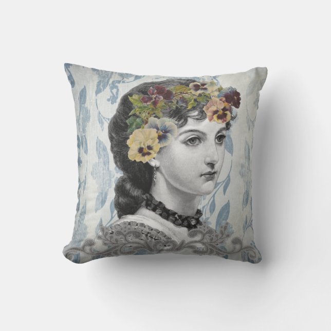 Victorian Lady Woman Pansies on Tapestry Outdoor Pillow (Front)