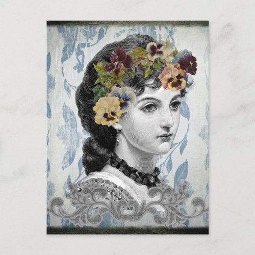 Victorian Lady Woman Pansies on Tapestry Postcard