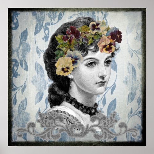 Victorian Lady Woman Pansies on Tapestry Poster