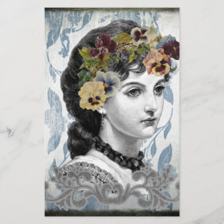 Victorian Lady Woman Pansies on Tapestry Stationery