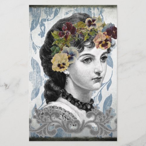 Victorian Lady Woman Pansies on Tapestry Stationery