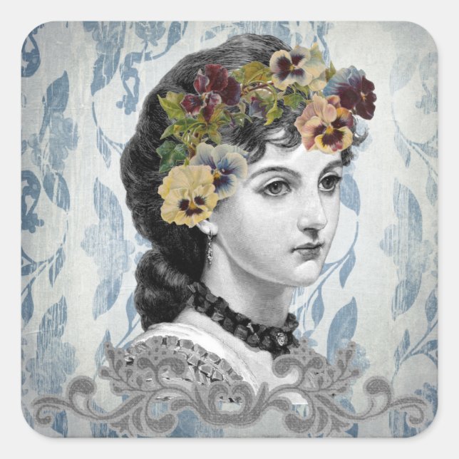 Victorian Lady Woman Pansies on Tapestry Stickers (Front)