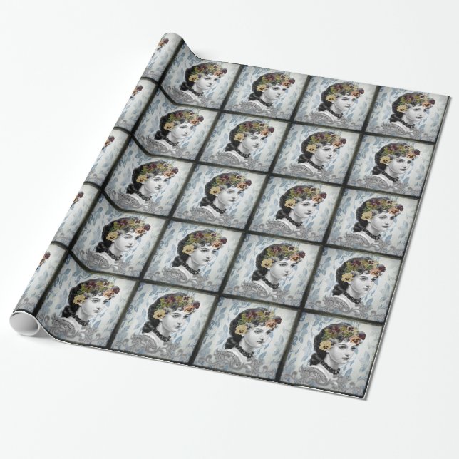 Victorian Lady Woman Pansies on Tapestry Wrapping Paper (Unrolled)