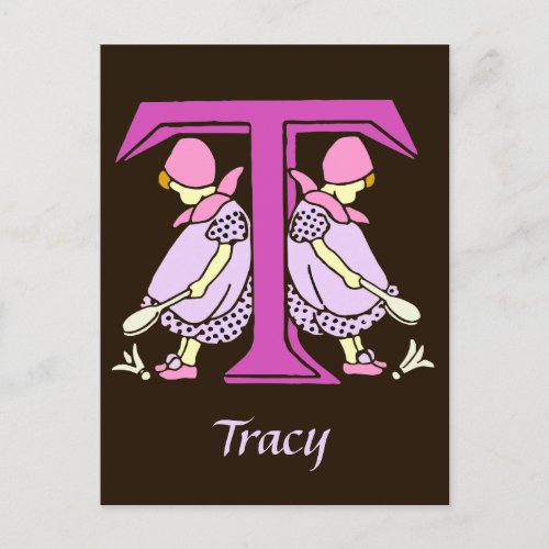 Victorian letter T with 2 cute little girls Postcard