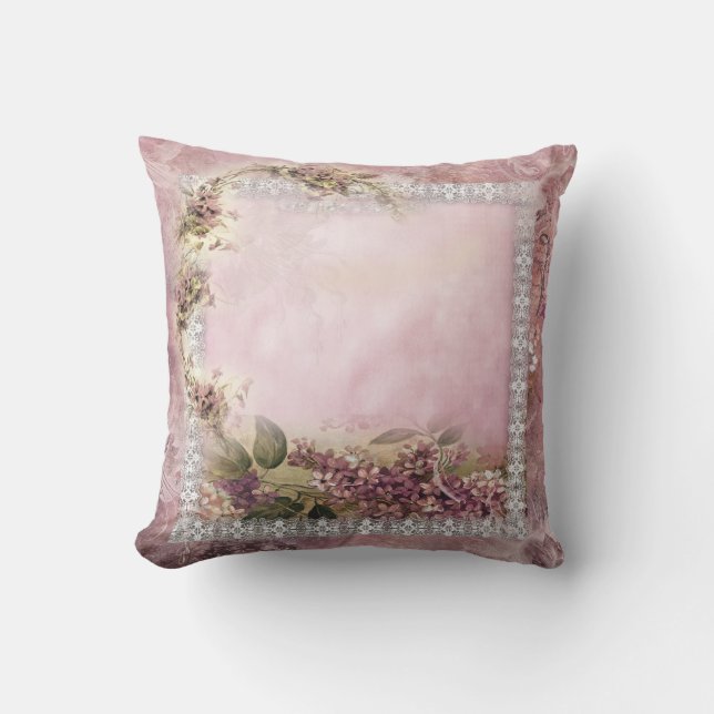 Victorian Lilacs w White Lace Frame lavender pink Throw Pillow (Front)