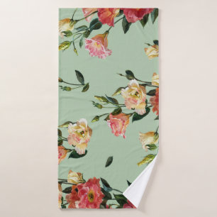 Victorian Lisianthus: Olive Floral Watercolor. Bath Towel