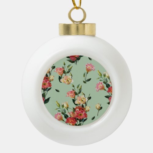 Victorian Lisianthus Olive Floral Watercolor Ceramic Ball Christmas Ornament