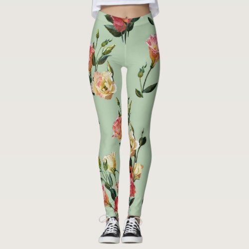 Victorian Lisianthus Olive Floral Watercolor Leggings