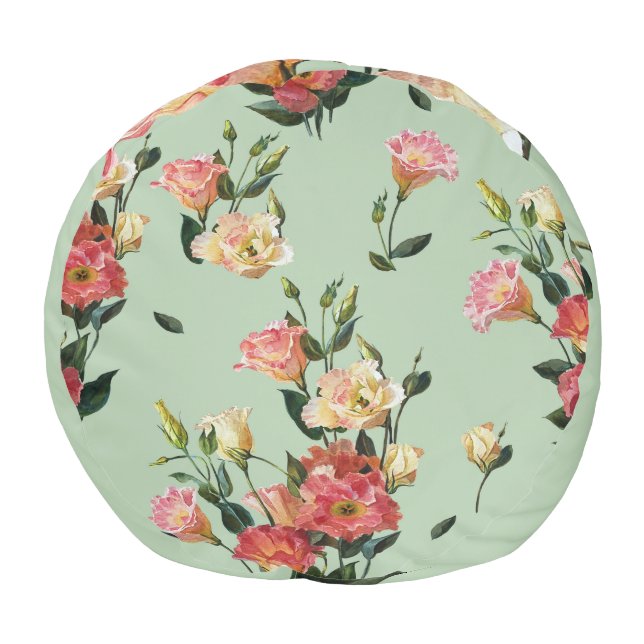 Victorian Lisianthus: Olive Floral Watercolor. Pouf (Bottom)