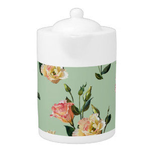 Victorian Lisianthus: Olive Floral Watercolor. Teapot