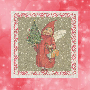 Victorian Little Angel Girl Red Cap Tree Snow Tan Scarf