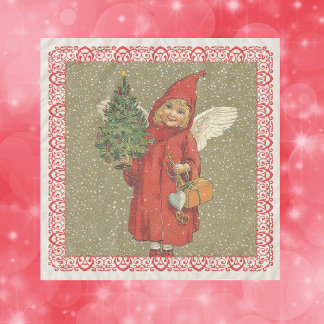 Victorian Little Angel Girl Red Cap Tree Snow Tan Scarf