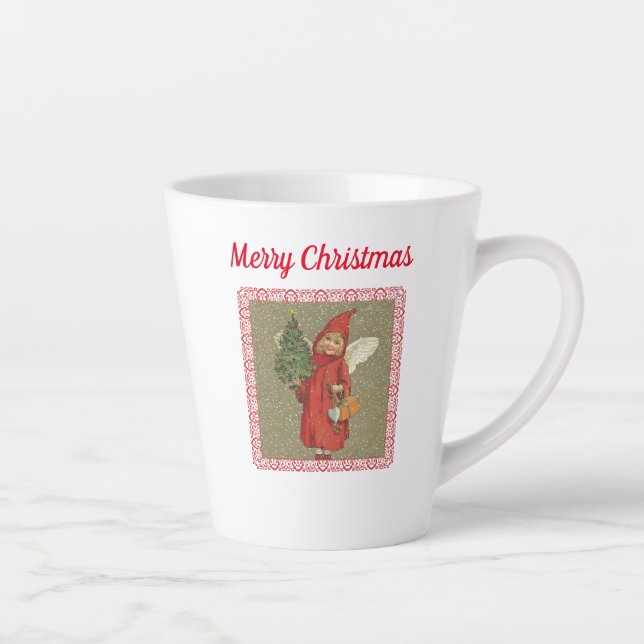 Victorian Little Angel Holding Christmas Tree Red  Latte Mug (Right)