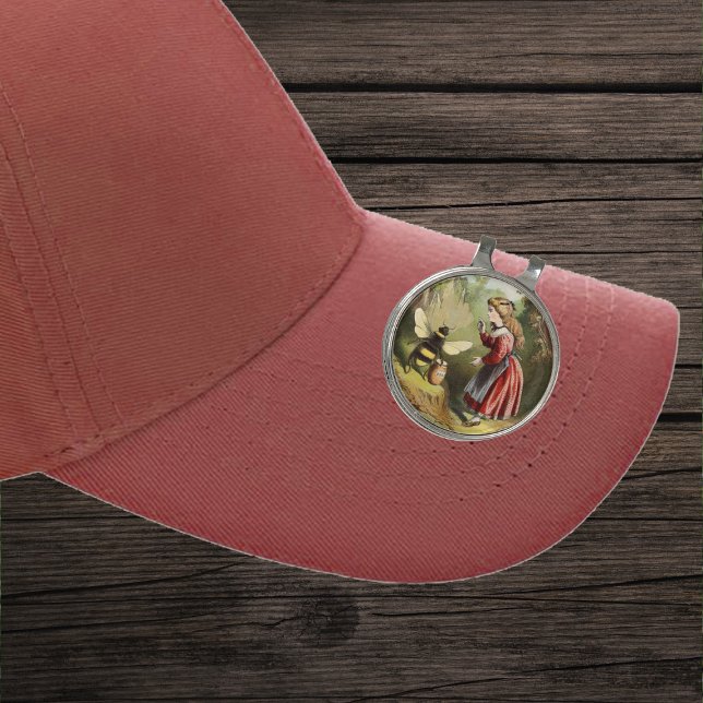 Victorian Little Girl Talking to Bumble Bee Honey  Golf Hat Clip (Victorian girl in woods talking to big bee with pot of honey on golf hat clip.)