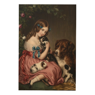 Victorian Little Girl with Puppies & Guinea Pig Wood Wall Art
