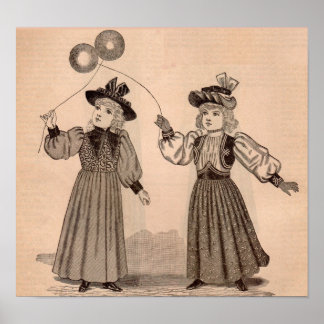 Victorian little girls with balloons print