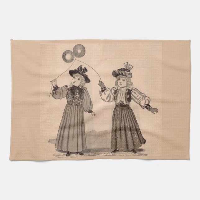 Victorian little girls with balloons print kitchen towel (Horizontal)