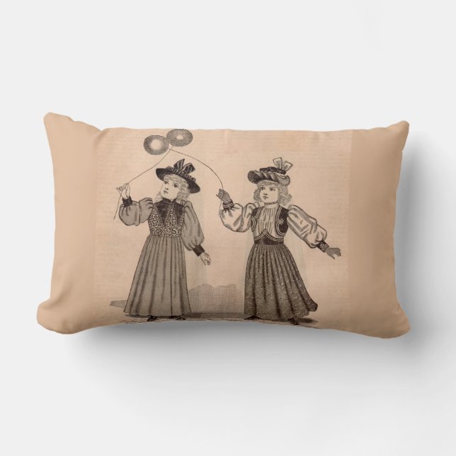 Victorian little girls with balloons print lumbar pillow (Front)