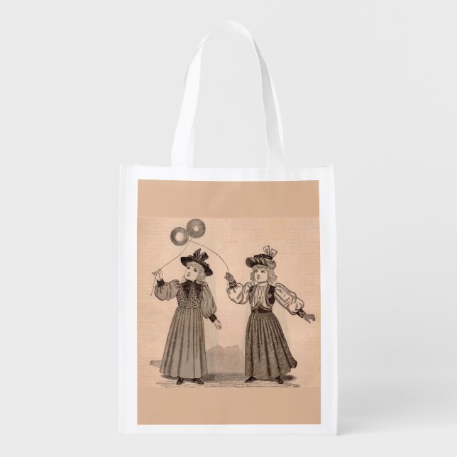 Victorian little girls with balloons print reusable grocery bag (Front)