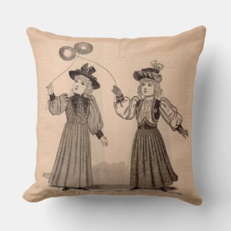 Victorian little girls with balloons print throw pillow
