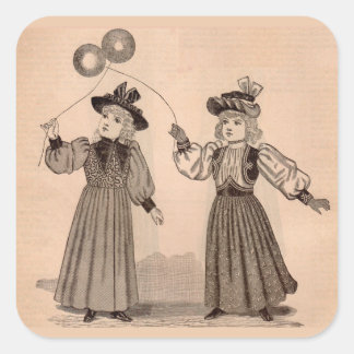 Victorian little girls with balloons square sticker