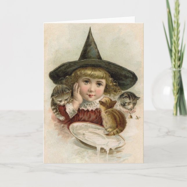 Victorian Little Witch and Kittens Halloween Card (Front)