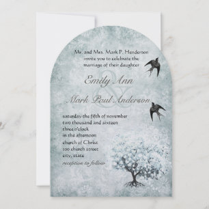 Victorian Love Bird Blue Damask Heart Leaf Tree Invitation