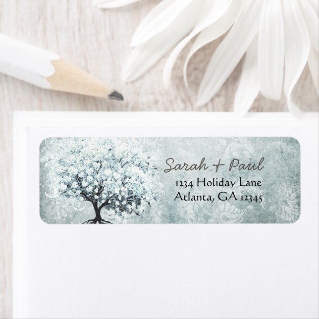 Victorian Love Bird Blue Damask Heart Leaf Tree Label (Insitu)