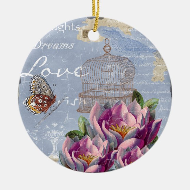 Victorian Love Thoughts Dreams Butterfly Bird Cage Ceramic Ornament (Front)