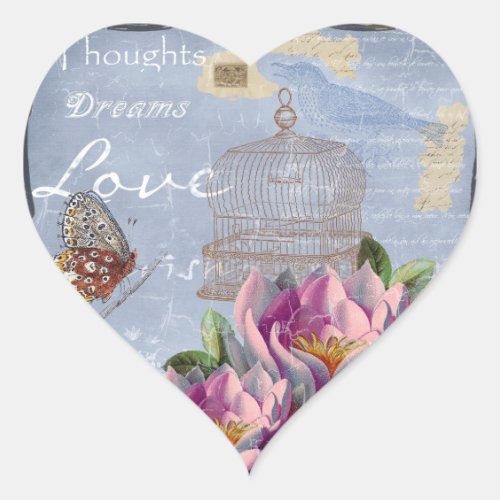 Victorian Love Thoughts Dreams Butterfly Bird Cage Heart Sticker