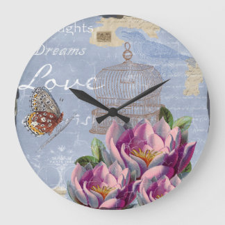 Victorian Love Thoughts Dreams Butterfly Bird Cage Large Clock