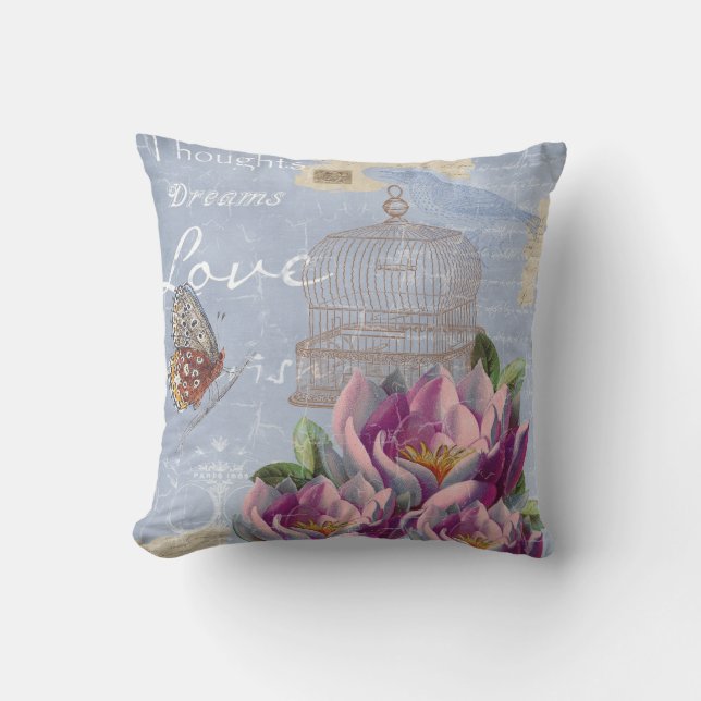 Victorian Love Thoughts Dreams Butterfly Bird Cage Outdoor Pillow (Front)