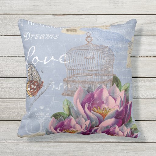 Victorian Love Thoughts Dreams Butterfly Bird Cage Outdoor Pillow