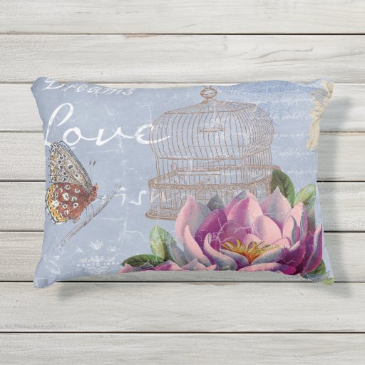 Victorian Love Thoughts Dreams Butterfly Bird Cage Outdoor Pillow