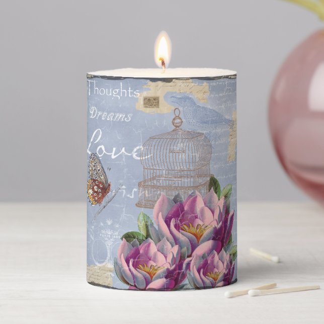 Victorian Love Thoughts Dreams Butterfly Bird Cage Pillar Candle (In Situ)