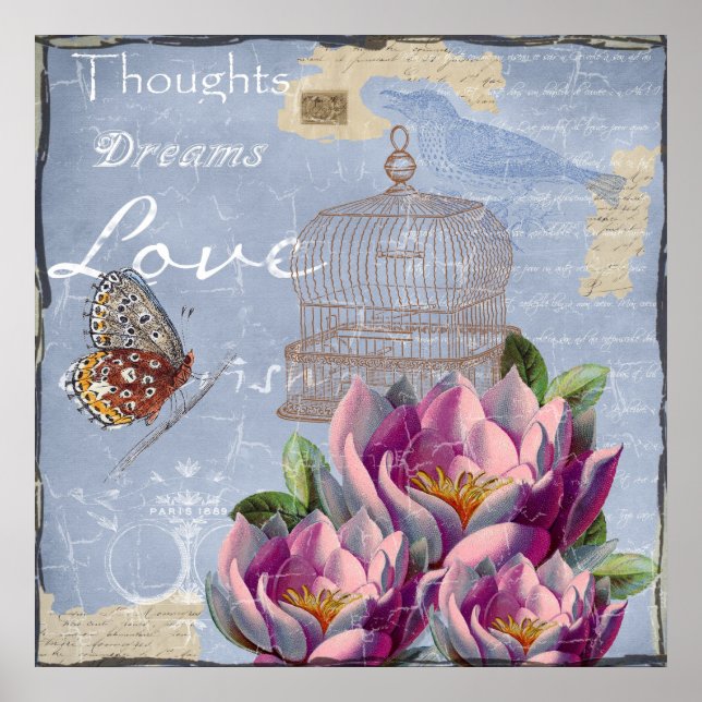 Victorian Love Thoughts Dreams Butterfly Bird Cage Poster (Front)