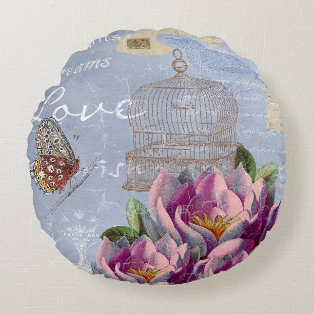 Victorian Love Thoughts Dreams Butterfly Bird Cage Round Pillow (Front)