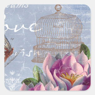 Victorian Love Thoughts Dreams Butterfly Bird Cage Square Sticker