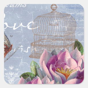 Victorian Love Thoughts Dreams Butterfly Bird Cage Square Sticker