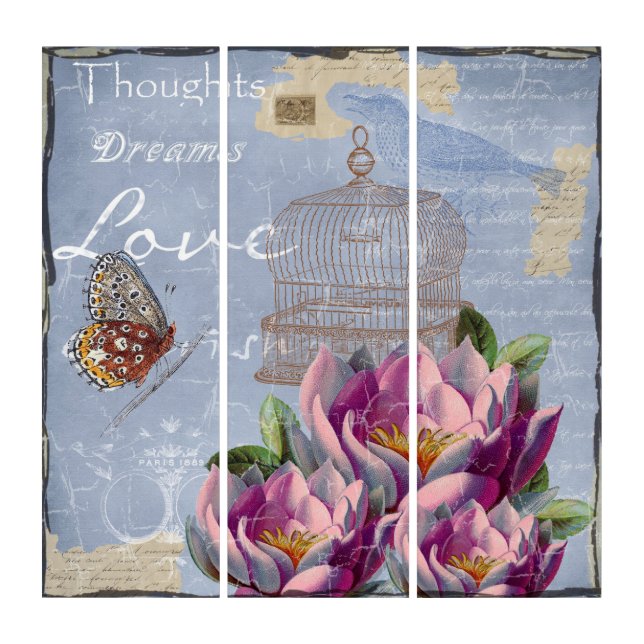 Victorian Love Thoughts Dreams Butterfly Bird Cage Triptych (Front)