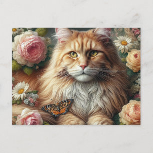 Victorian Maine Coon Cat with Pink Roses  Postcard