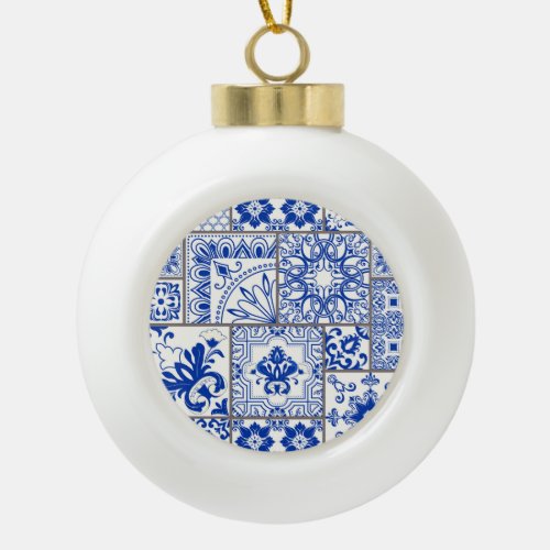 Victorian Majolica Patchwork Tile Pattern Ceramic Ball Christmas Ornament