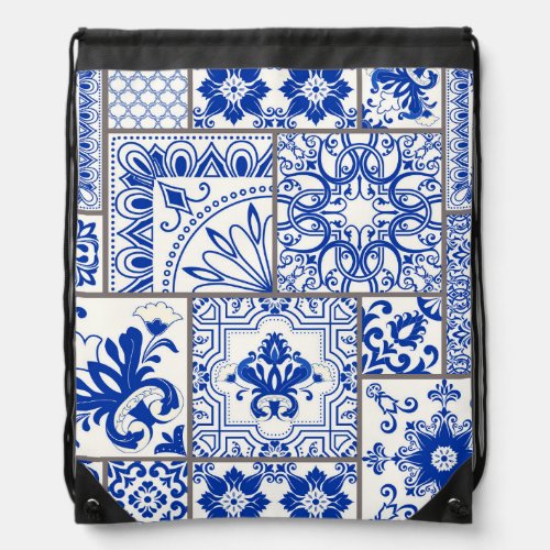 Victorian Majolica Patchwork Tile Pattern Drawstring Bag