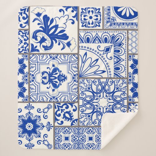 Victorian Majolica Patchwork Tile Pattern Sherpa Blanket