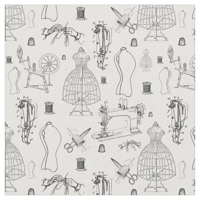 victorian mannequin antique sewing machine toile fabric (Close Up)