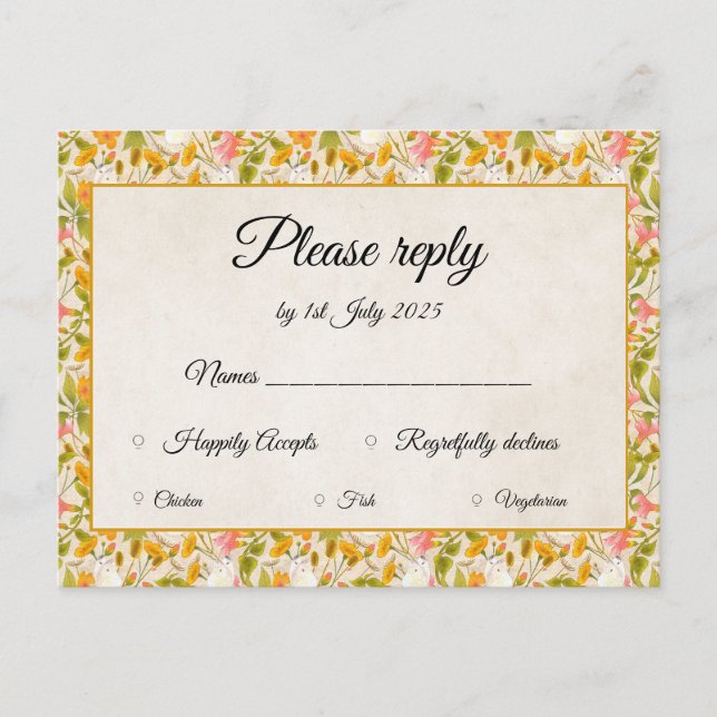 Victorian Meadow yellow RSVP card (Front)