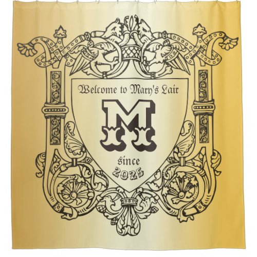 Victorian Medieval Monogram Emblem Shield Golden Shower Curtain