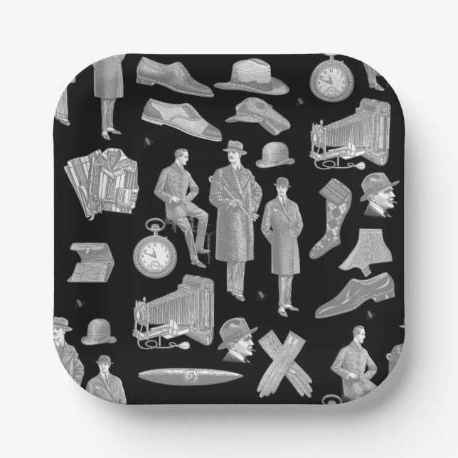 victorian men's style antique menswear toile black paper plates (Front)