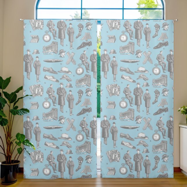 victorian men's style antique menswear toile blue blackout curtains (Living Room)