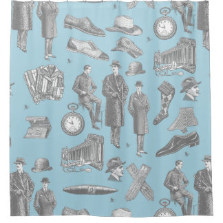 victorian men's style antique menswear toile blue shower curtain